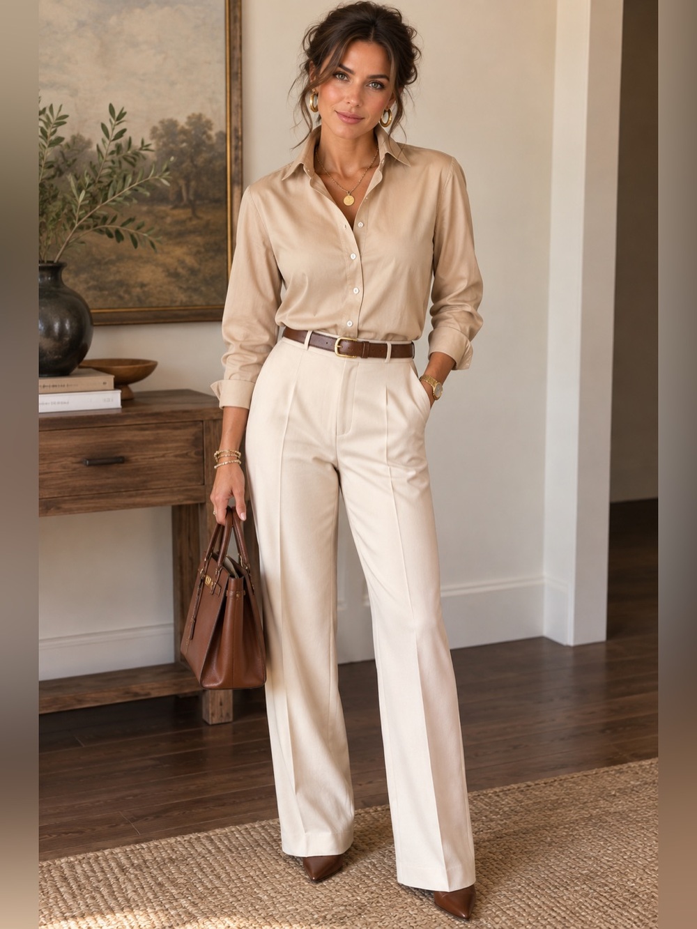 Tahari Beige/Tan Button-Front Blouse